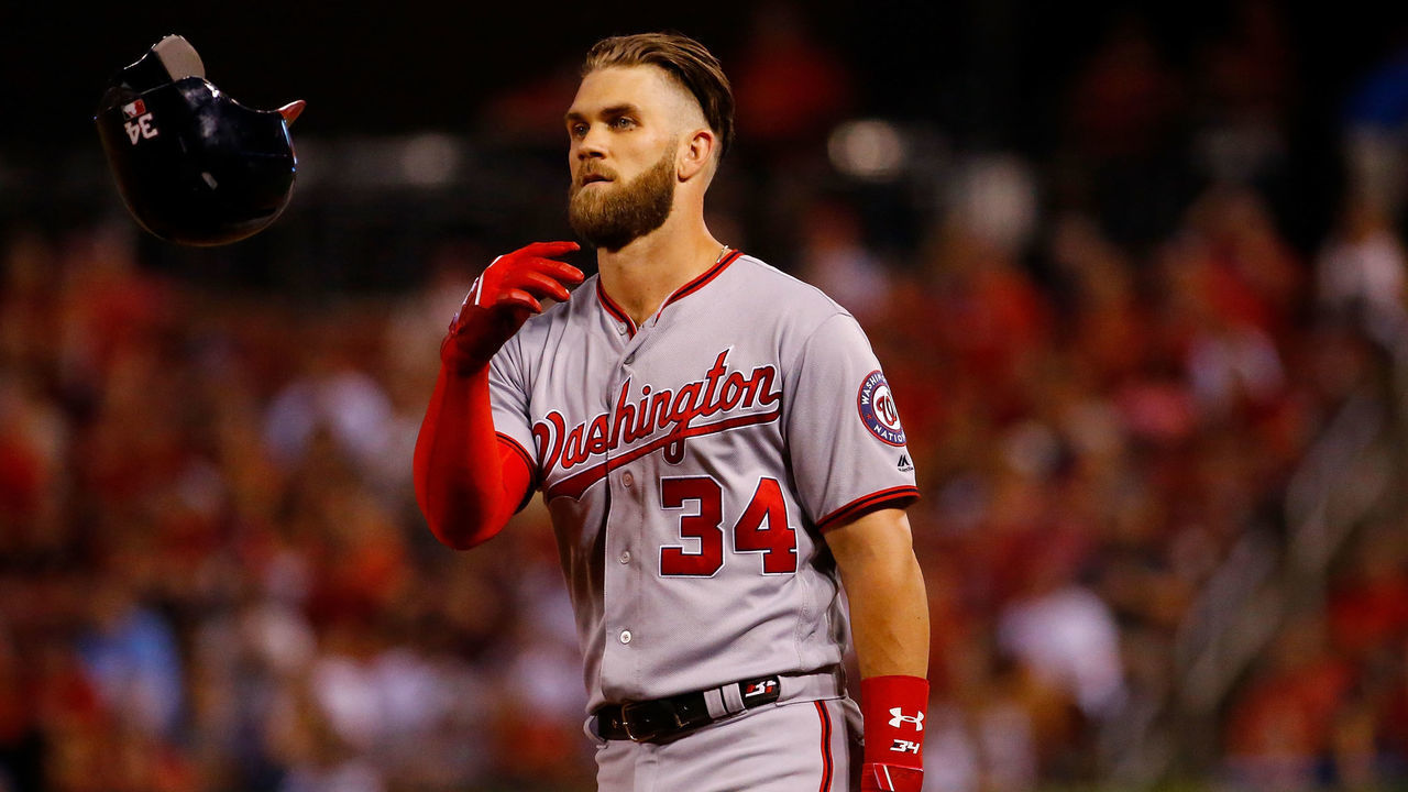 ST. LOUIS, MO - AUGUST 13: Bryce Harper #34 of the Washington Nationals tosses his helmet after grounding into a double play against the St. Louis Cardinals eighth inning at Busch Stadium on August 13, 2018 in St. Louis, Missouri.