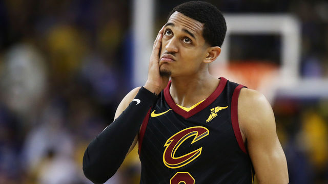 OAKLAND, CA - MAY 31: Jordan Clarkson #8 of the Cleveland Cavaliers reacts against the Golden State Warriors in Game 1 of the 2018 NBA Finals at ORACLE Arena on May 31, 2018 in Oakland, California.