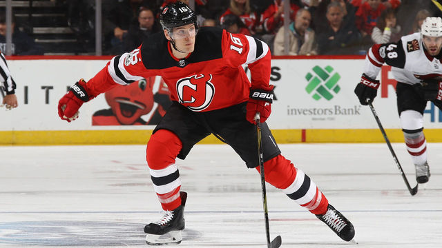 NEWARK, NJ - OCTOBER 28: Steven Santini #16 of the New Jersey Devils skates against the Arizona Coyotes at the Prudential Center on October 28, 2017 in Newark, New Jersey. The Devils defeated the Senators 5-4 in the shoot out.