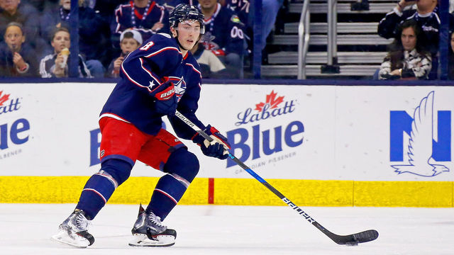 COLUMBUS, OH - APRIL 5: Zach Werenski #8 of the Columbus Blue Jackets controls the puck during the game against the Pittsburgh Penguins on April 5, 2018 at Nationwide Arena in Columbus, Ohio. *** Local Caption *** Zach Werenski