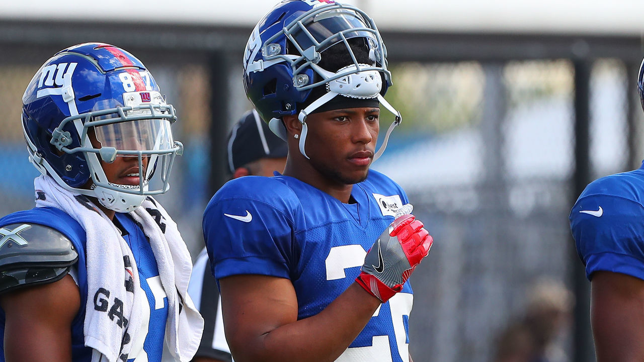 EAST RUTHERFORD, NJ - AUGUST 01: New York Giants running back Saquon Barkley (26) during New York Giants Training Camp on August 1, 2018 at Quest Diagnostics Training Center in East Rutherford, NJ.