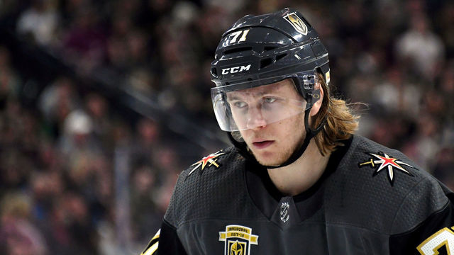 LAS VEGAS, NV - MARCH 30: William Karlsson #71 of the Vegas Golden Knights waits for a faceoff in the second period of a game against the St. Louis Blues at T-Mobile Arena on March 30, 2018 in Las Vegas, Nevada. The Golden Knights won 4-3 in overtime.