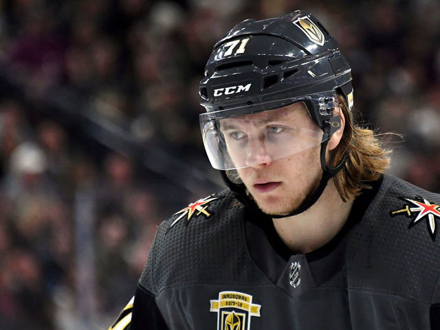 LAS VEGAS, NV - MARCH 30: William Karlsson #71 of the Vegas Golden Knights waits for a faceoff in the second period of a game against the St. Louis Blues at T-Mobile Arena on March 30, 2018 in Las Vegas, Nevada. The Golden Knights won 4-3 in overtime.