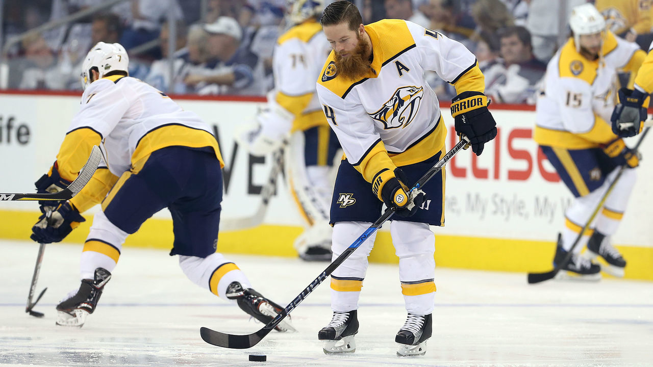 WINNIPEG, MANITOBA - MAY 7: Ryan Ellis #4 of the Nashville Predators warms up prior to Game Six of the Western Conference Second Round during the 2018 NHL Stanley Cup Playoffs against the Winnipeg Jets on May 7, 2018 at Bell MTS Place in Winnipeg, Manitoba, Canada. *** Local Caption *** Ryan Ellis