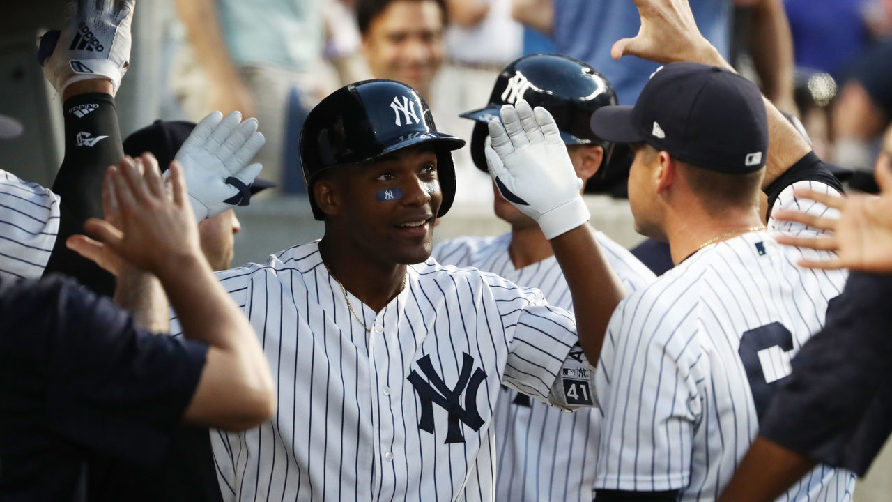 NEW YORK, NY - JUNE 19: Miguel Andujar #41 of the New York Yankees celebrates after hitting a two run home run against the Seattle Mariners in the fifth inning during their game at Yankee Stadium on June 19, 2018 in New York City.