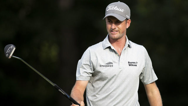 WHITE SULPHUR SPRINGS, WV - JULY 5 : Webb Simpson reacts after making a birdie on the 16th hole during round one of A Military Tribute At The Greenbrier held at the Old White TPC course on July 5, 2018 in White Sulphur Springs, West Virginia.