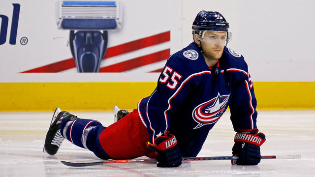 COLUMBUS, OH - MARCH 9: Mark Letestu #55 of the Columbus Blue Jackets warms up prior to the start of the game against the Detroit Red Wings on March 9, 2018 at Nationwide Arena in Columbus, Ohio.