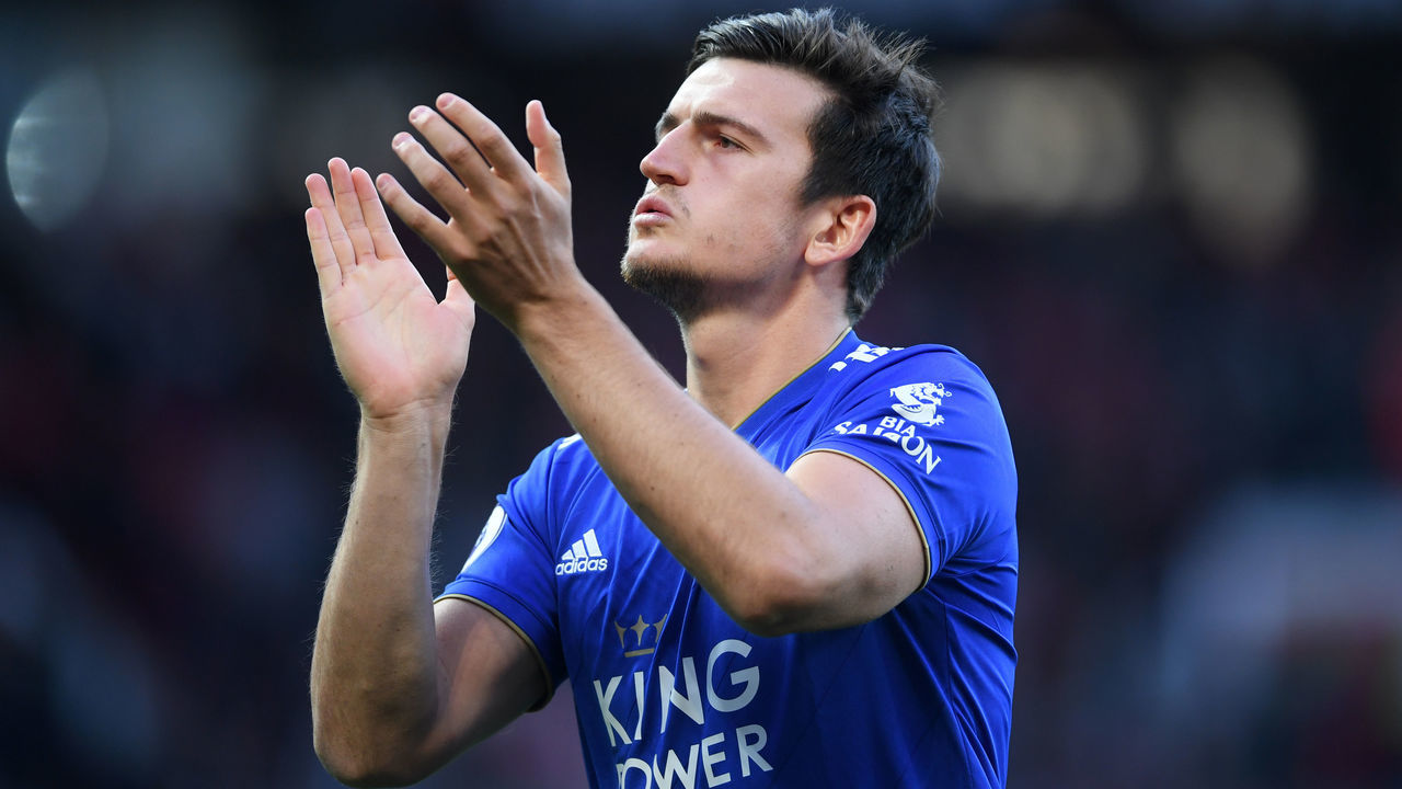 MANCHESTER, ENGLAND - AUGUST 10: Harry Maguire of Leicester City acknowledges the fans prior to the Premier League match between Manchester United and Leicester City at Old Trafford on August 10, 2018 in Manchester, United Kingdom.