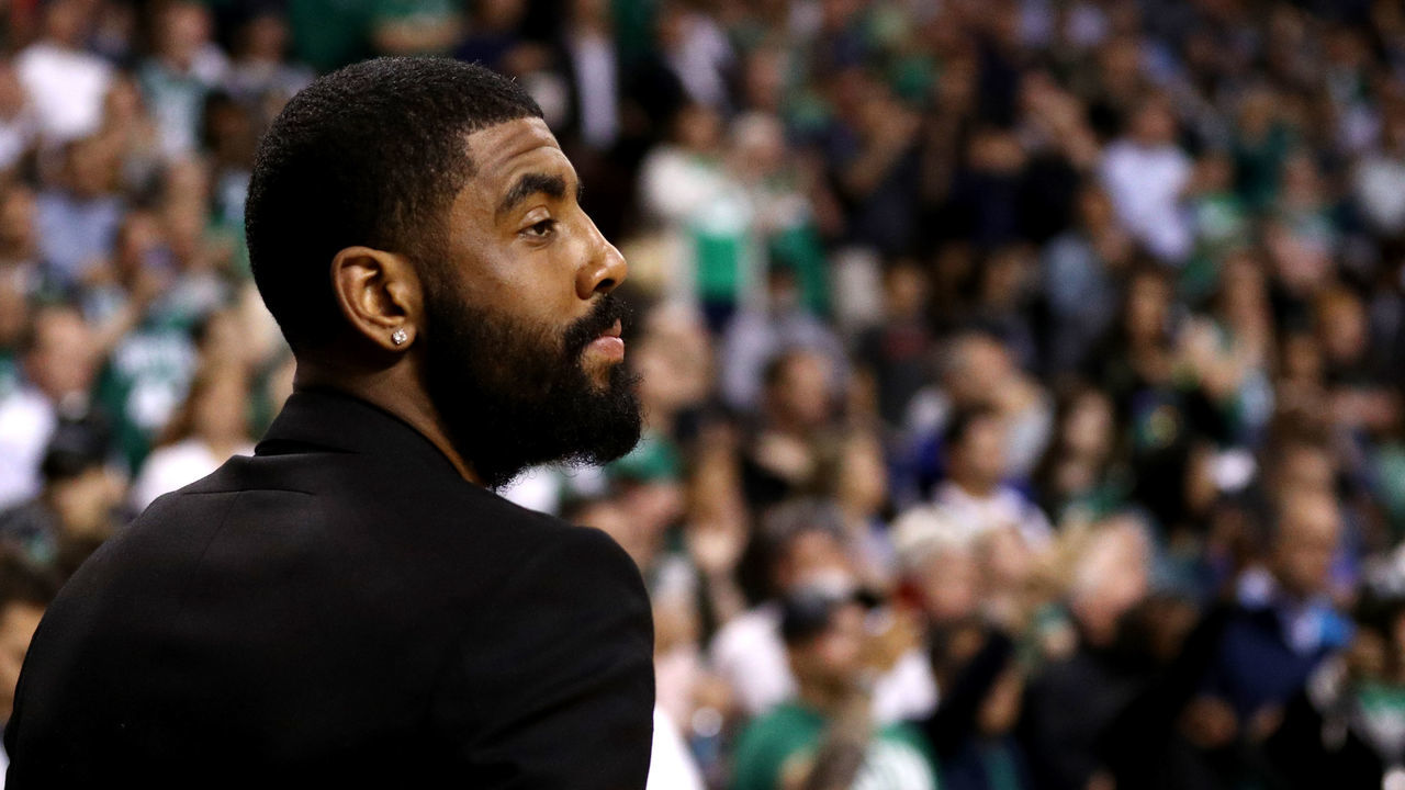 BOSTON, MA - MAY 9: Kyrie Irving #11 of the Boston Celtics looks on before Game Five against the Philadelphia 76ers in the Eastern Conference Second Round of the 2018 NBA Playoffs at TD Garden on May 9, 2018 in Boston, Massachusetts.