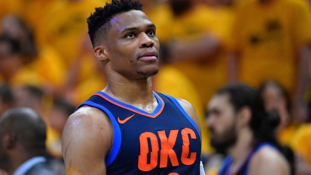 SALT LAKE CITY, UT - APRIL 27: Russell Westbrook #0 of the Oklahoma City Thunder looks on during Game Six of Round One of the 2018 NBA Playoffs against the Utah Jazz at Vivint Smart Home Arena on April 27, 2018 in Salt Lake City, Utah.