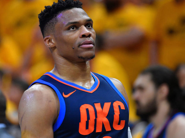 SALT LAKE CITY, UT - APRIL 27: Russell Westbrook #0 of the Oklahoma City Thunder looks on during Game Six of Round One of the 2018 NBA Playoffs against the Utah Jazz at Vivint Smart Home Arena on April 27, 2018 in Salt Lake City, Utah.
