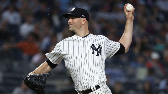 NEW YORK, NY - AUGUST 14: J.A. Happ #34 of the New York Yankees pitches against the tb during their game at Yankee Stadium on August 14, 2018 in New York City.