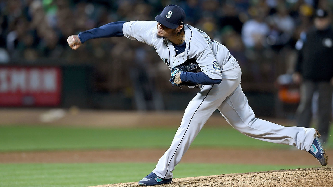 OAKLAND, CA - AUGUST 14: Felix Hernandez #34 of the Seattle Mariners pitches against the Oakland Athletics in the bottom of the third inning at Oakland Alameda Coliseum on August 14, 2018 in Oakland, California.
