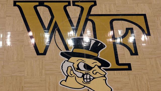 WINSTON-SALEM, NC - JANUARY 29: A view of the Wake Forest logo prior to a game between the Syracuse Orange and the Wake Forest Demon Deacons at Lawrence Joel Coliseum on January 29, 2014 in Winston-Salem, North Carolina. Syracuse defeated Wake Forest 67-57.