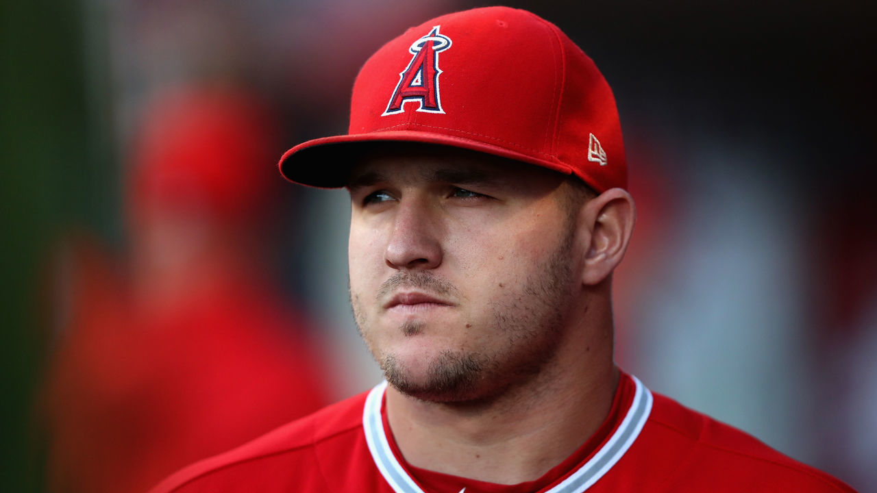 ANAHEIM, CA - MAY 14: Mike Trout #27 of the Los Angeles Angels of Anaheim looks on prior to a game against the Houston Astrosat Angel Stadium on May 14, 2018 in Anaheim, California.