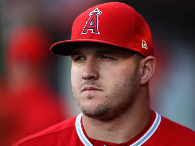 ANAHEIM, CA - MAY 14: Mike Trout #27 of the Los Angeles Angels of Anaheim looks on prior to a game against the Houston Astrosat Angel Stadium on May 14, 2018 in Anaheim, California.