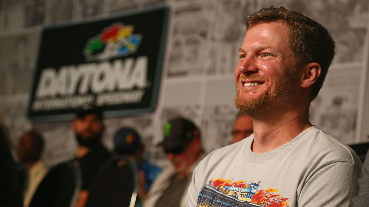 DAYTONA BEACH, FL - FEBRUARY 18: Former NASCAR driver Dale Earnhardt Jr. is introduced to the crowd during the drivers meeting for the Monster Energy NASCAR Cup Series 60th Annual Daytona 500 at Daytona International Speedway on February 18, 2018 in Daytona Beach, Florida.
