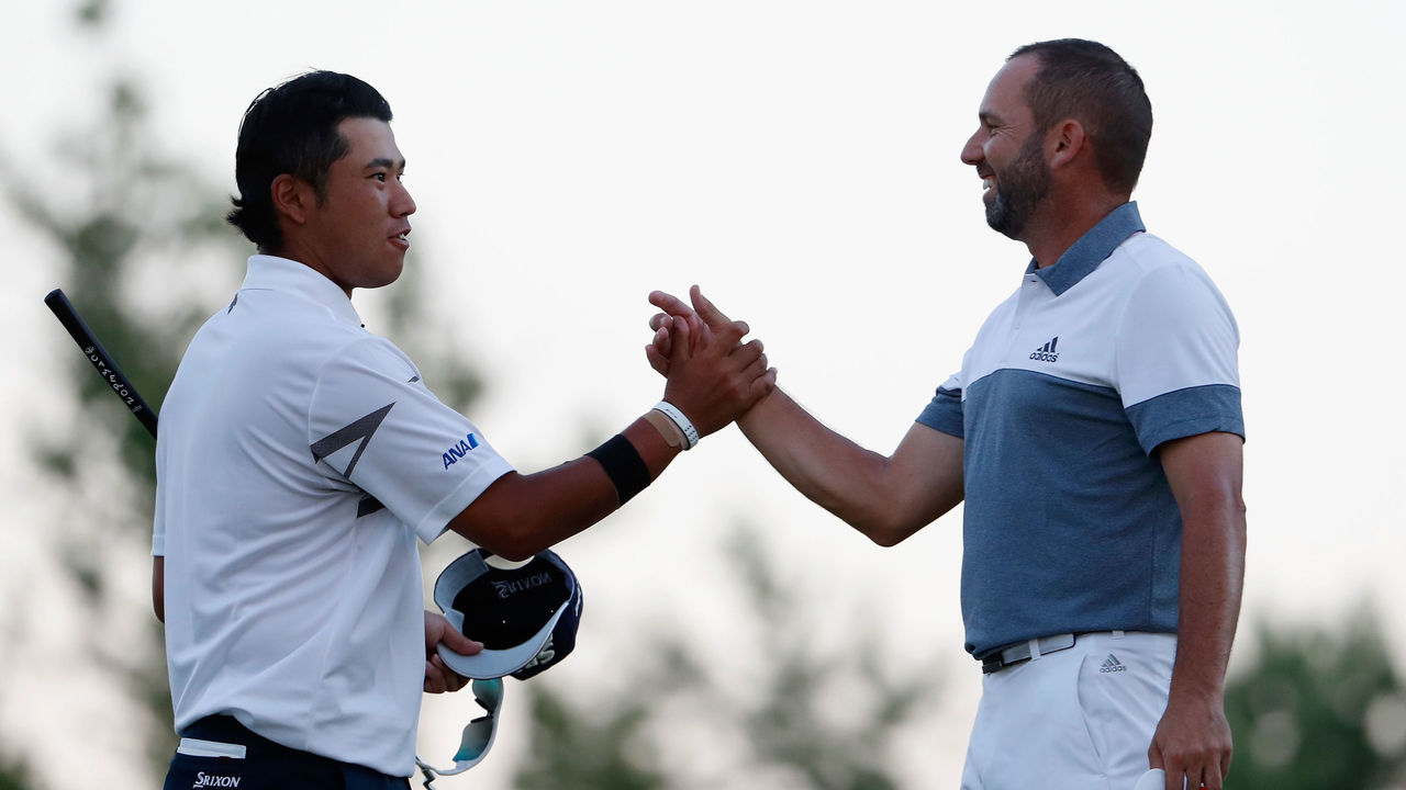 OAKMONT, PA - JUNE 17: Hideki Matsuyama of Japan greetsSergio Garcia of Spain following the completion of the second round of the U.S. Open at Oakmont Country Club on June 17, 2016 in Oakmont, Pennsylvania.