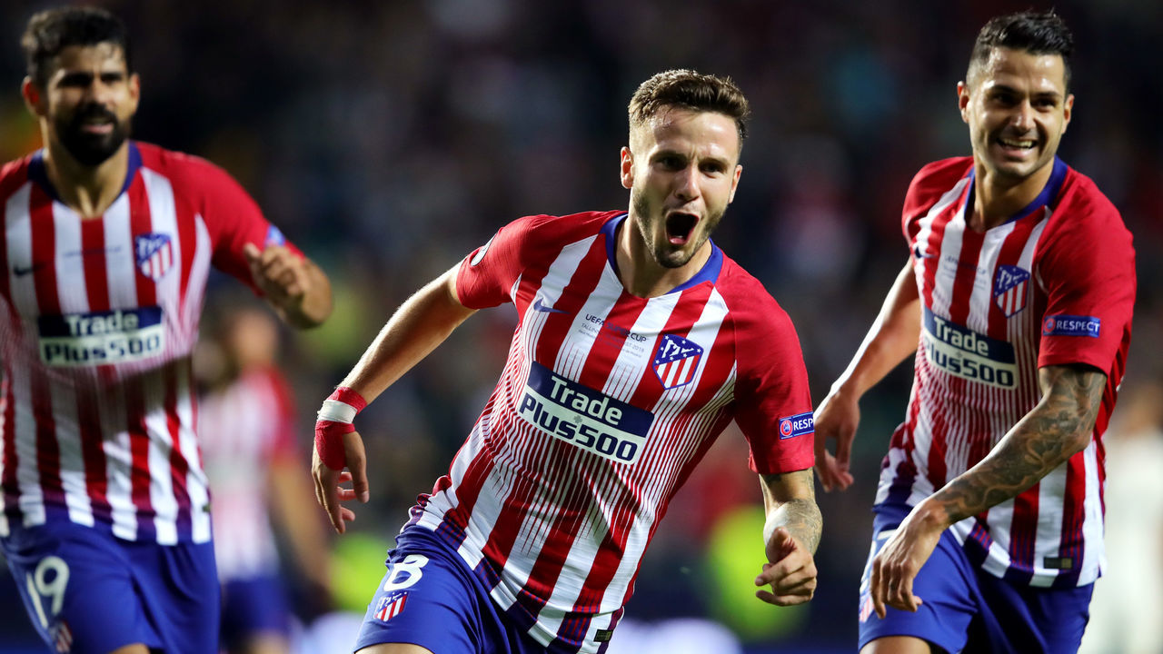 TALLINN, ESTONIA - AUGUST 15: Saul Niguez of Atletico Madrid celebrates after scoring his sides third goal during the UEFA Super Cup between Real Madrid and Atletico Madrid at Lillekula Stadium on August 15, 2018 in Tallinn, Estonia.