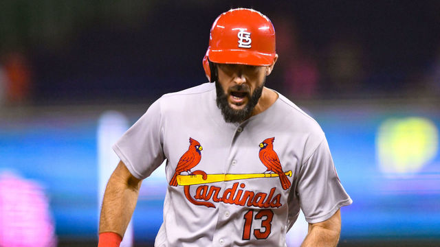 MIAMI, FL - AUGUST 07: Matt Carpenter #13 of the St. Louis Cardinals rounds the bases after hitting the go ahead homerun in eighth inning against the Miami Marlins at Marlins Park on August 7, 2018 in Miami, Florida.