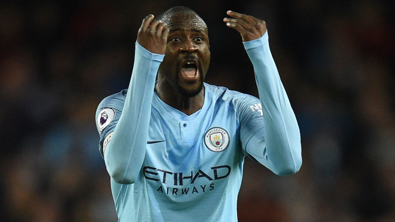 Manchester City's Ivorian midfielder Yaya Toure reacts to a decision by the referee during the English Premier League football match between Manchester City and Brighton and Hove Albion at the Etihad Stadium in Manchester, north west England, on May 9, 2018.
