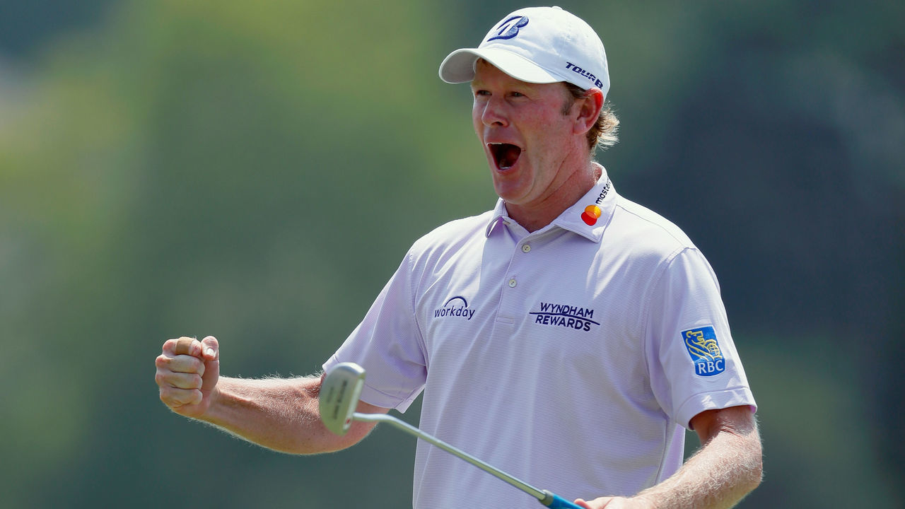 GREENSBORO, NC - AUGUST 16: Brandt Snedeker reacts following a birdie putt on the ninth hole during the first round of the Wyndham Championship at Sedgefield Country Club on August 16, 2018 in Greensboro, North Carolina.