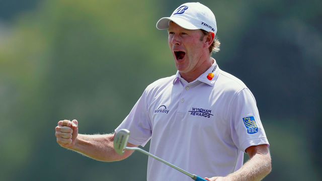 GREENSBORO, NC - AUGUST 16: Brandt Snedeker reacts following a birdie putt on the ninth hole during the first round of the Wyndham Championship at Sedgefield Country Club on August 16, 2018 in Greensboro, North Carolina.