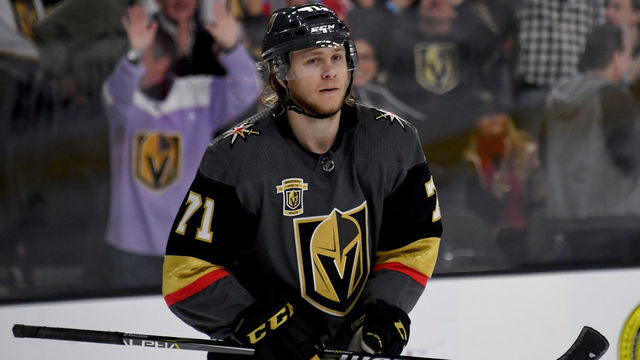 LAS VEGAS, NV - MARCH 18: William Karlsson #71 of the Vegas Golden Knights skates towards his bench after scoring his third goal of the second period against the Calgary Flames during their game at T-Mobile Arena on March 18, 2018 in Las Vegas, Nevada. The Golden Knights won 4-0.