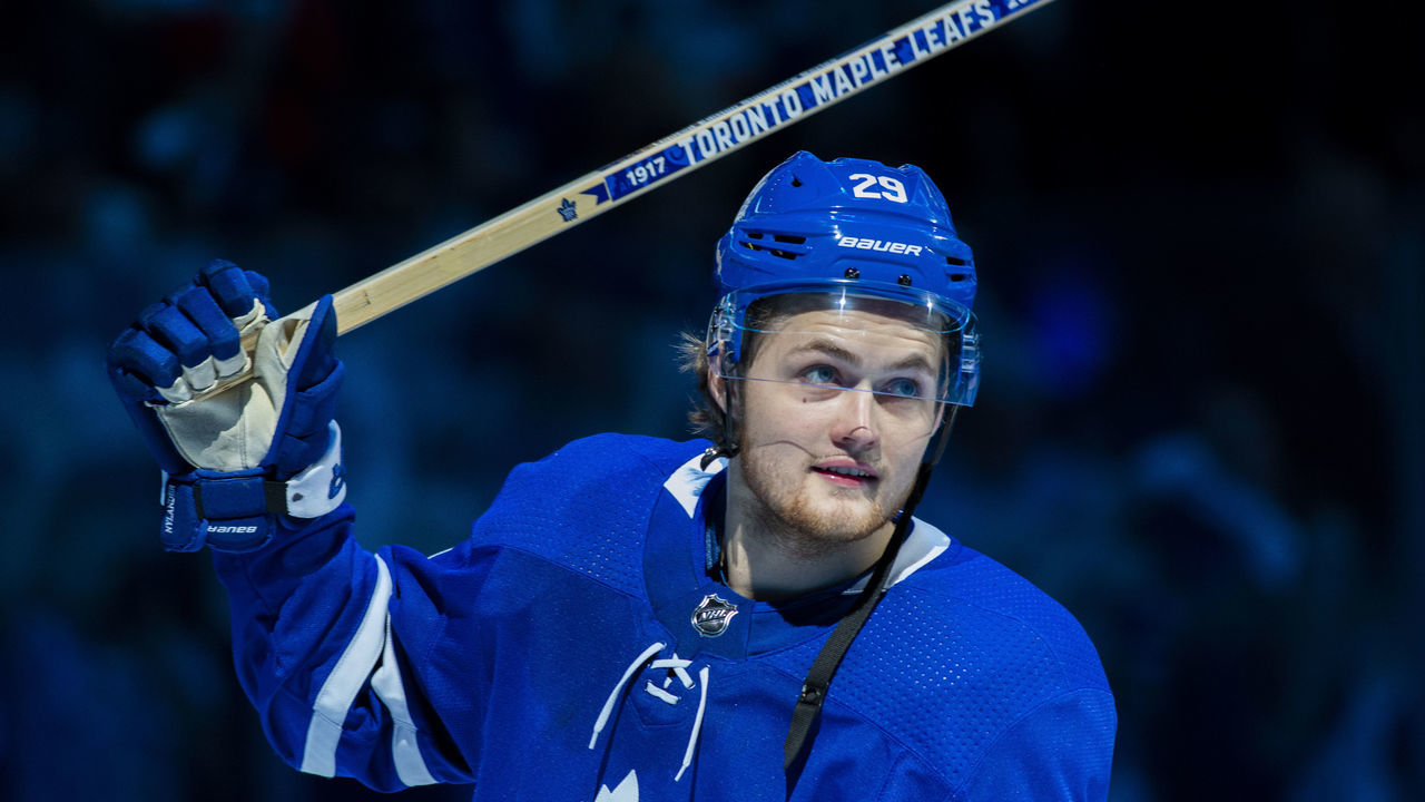 TORONTO, ON - APRIL 23: William Nylander #29 of the Toronto Maple Leafs salutes the crowd after getting the game's first star against the Boston Bruins in Game Six of the Eastern Conference First Round during the 2018 NHL Stanley Cup Playoffs at the Air Canada Centre on April 23, 2018 in Toronto, Ontario, Canada.