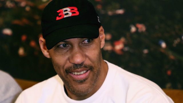 Los Angeles entrepreneur LaVar Ball addresses a press conference in Prienai, Lithuania, where his sons LaMelo Ball, LiAngelo Ball will play for the Vytautas club on January 5, 2018. Basketball-crazed Lithuania welcomed LiAngelo and LaMelo Ball, the two youngest sons of flamboyant Los Angeles entrepreneur LaVar Ball who recently made headlines due to a feud with US President Donald Trump. / AFP PHOTO / Petras Malukas