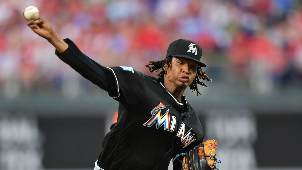 PHILADELPHIA, PA - AUGUST 04: Starting pitcher Jose Urena #62 of the Miami Marlins delivers a pitch in the first inning against the Philadelphia Phillies at Citizens Bank Park on August 4, 2018 in Philadelphia, Pennsylvania.
