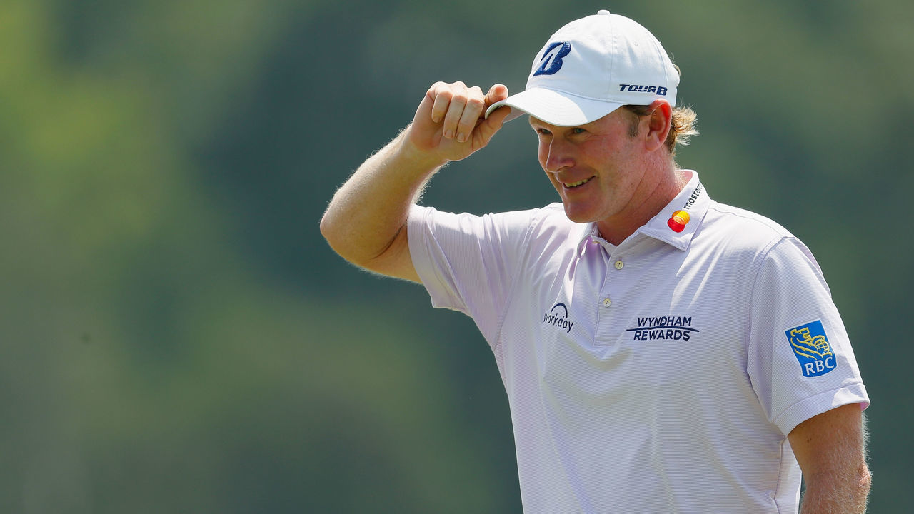 GREENSBORO, NC - AUGUST 16: Brandt Snedeker reacts following a birdie putt on the ninth green during the first round of the Wyndham Championship at Sedgefield Country Club on August 16, 2018 in Greensboro, North Carolina.