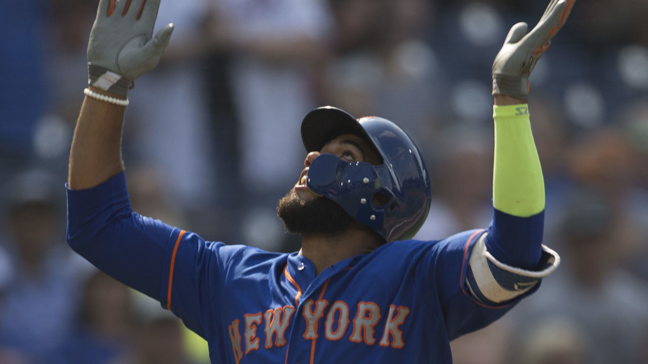 PHILADELPHIA, PA - AUGUST 16: Amed Rosario #1 of the New York Mets reacts after hitting a solo home run in the top of the first inning in game one of the doubleheader against the Philadelphia Phillies at Citizens Bank Park on August 16, 2018 in Philadelphia, Pennsylvania.