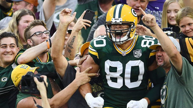 GREEN BAY, WI - AUGUST 16: Jimmy Graham #80 of the Green Bay Packers celebrates a touchdown during the first quarter of a preseason game against the Pittsburgh Steelers at Lambeau Field on August 16, 2018 in Green Bay, Wisconsin.