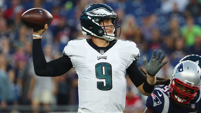 FOXBOROUGH, MA - AUGUST 16: Nick Foles #9 of the Philadelphia Eagles throws a pass in the first half against the New England Patriots during the preseason game at Gillette Stadium on August 16, 2018 in Foxborough, Massachusetts.