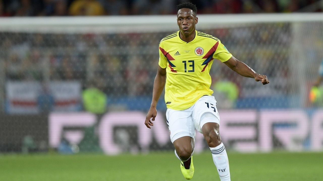 Colombia's defender Yerry Mina controls the ball during the Russia 2018 World Cup round of 16 football match between Colombia and England at the Spartak Stadium in Moscow on July 3, 2018.