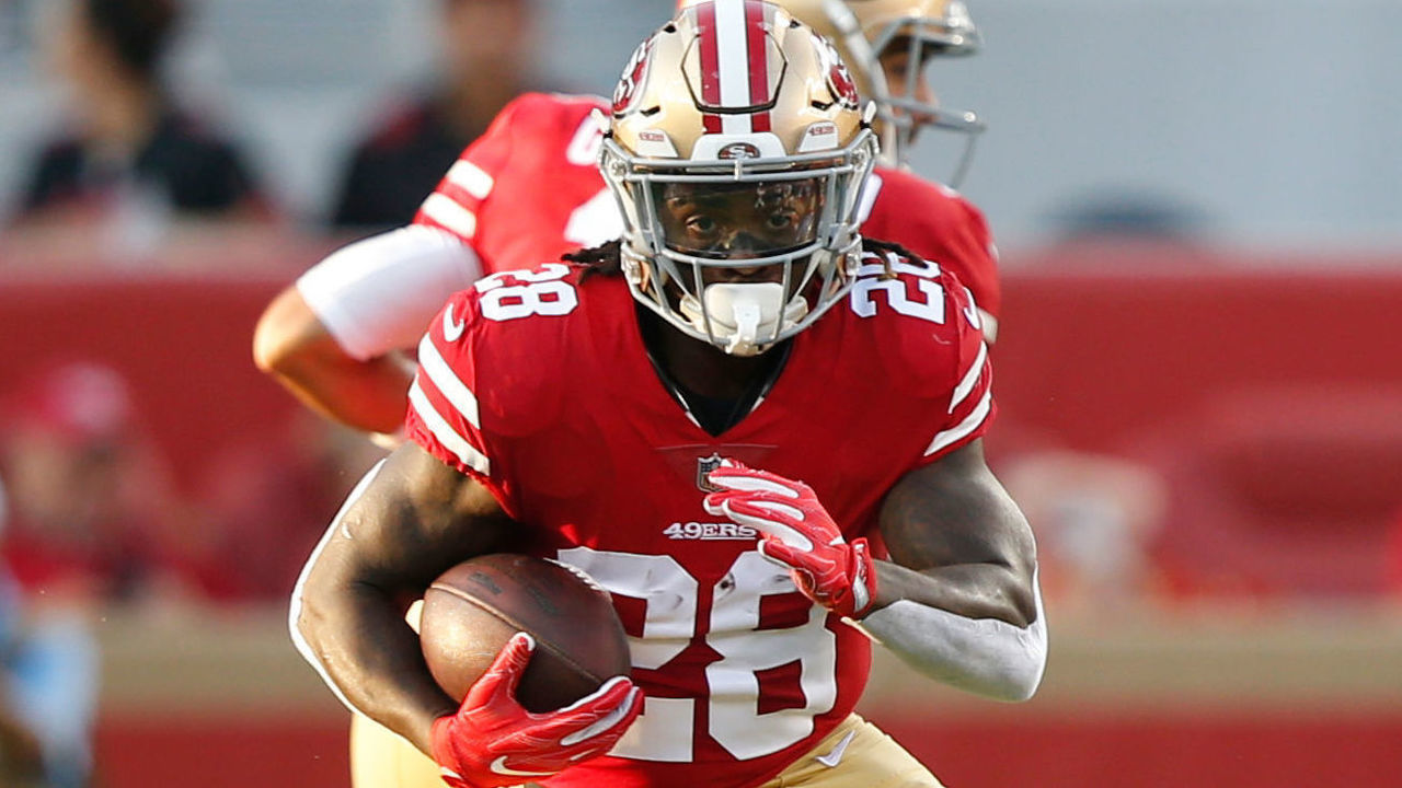 SANTA CLARA, CA - AUGUST 9: Jerick McKinnon #28 of the San Francisco 49ers rushes during the game against the Dallas Cowboys at Levi Stadium on August 9, 2018 in Santa Clara, California. The 49ers defeated the Cowboys 24-21.