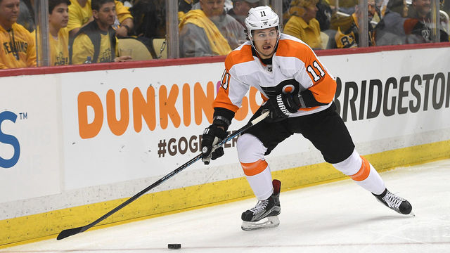 PITTSBURGH, PA - APRIL 11: Travis Konecny #11 of the Philadelphia Flyers handles the puck during the first period in Game One of the Eastern Conference First Round during the 2018 NHL Stanley Cup Playoffs against the Pittsburgh Penguins at PPG PAINTS Arena on April 11, 2018 in Pittsburgh, Pennsylvania. *** Local Caption *** Travis Konecny