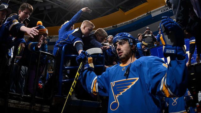 ST. LOUIS, MO - JANUARY 7: Robby Fabbri #15 of the St. Louis Blues acknowledges fans as he takes the ice for warmups prior to a game against the Dallas Stars on January 7, 2017 at Scottrade Center in St. Louis, Missouri.