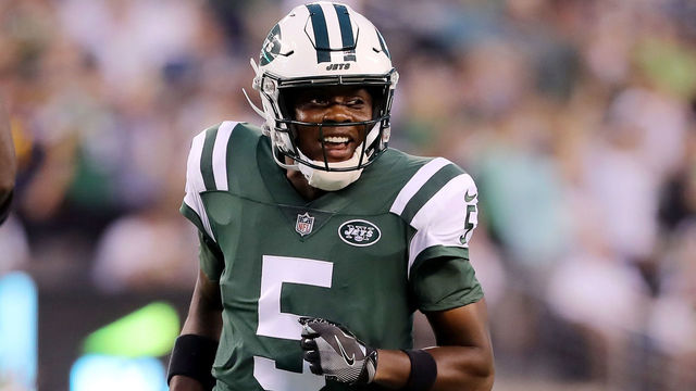 EAST RUTHERFORD, NJ - AUGUST 10: Teddy Bridgewater #5 of the New York Jets celebrates a touchdown from teammate Isaiah Crowell in the first quarter against the Atlanta Falcons during a preseason game at MetLife Stadium on August 10, 2018 in East Rutherford, New Jersey.