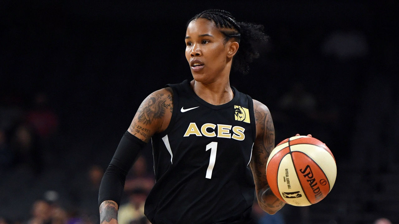 LAS VEGAS, NV - MAY 27: Tamera Young #1 of the Las Vegas Aces brings the ball up the court against the Seattle Storm during the Aces' inaugural regular-season home opener at the Mandalay Bay Events Center on May 27, 2018 in Las Vegas, Nevada. The Storm won 105-98.