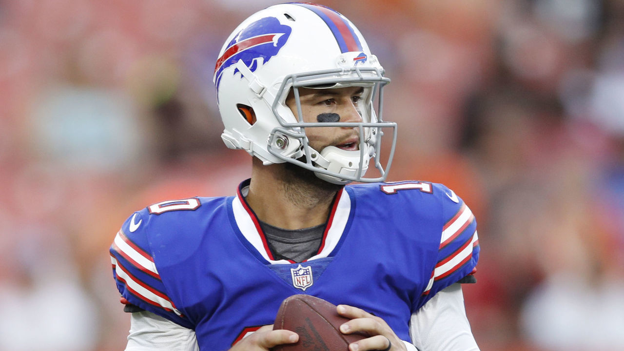 CLEVELAND, OH - AUGUST 17: AJ McCarron #10 of the Buffalo Bills looks to pass in the first quarter of a preseason game against the Cleveland Browns at FirstEnergy Stadium on August 17, 2018 in Cleveland, Ohio.