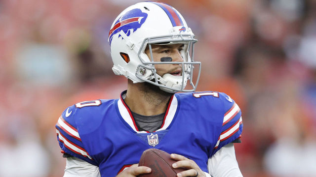 CLEVELAND, OH - AUGUST 17: AJ McCarron #10 of the Buffalo Bills looks to pass in the first quarter of a preseason game against the Cleveland Browns at FirstEnergy Stadium on August 17, 2018 in Cleveland, Ohio.
