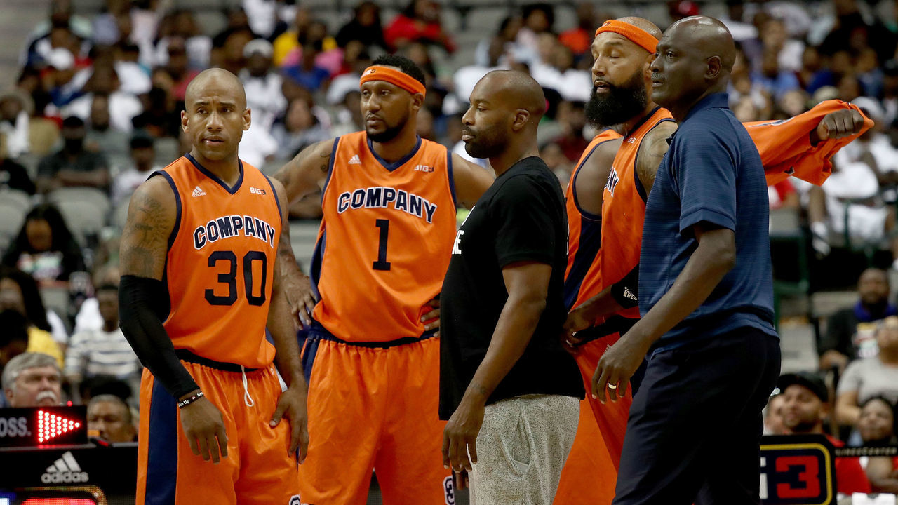 DALLAS, TX - AUGUST 17: 3's Company looks on during a timeout against the 3 Headed Monsters during week nine of the BIG3 three-on-three basketball league at the American Airlines Center on August 17, 2018 in Dallas, Texas.