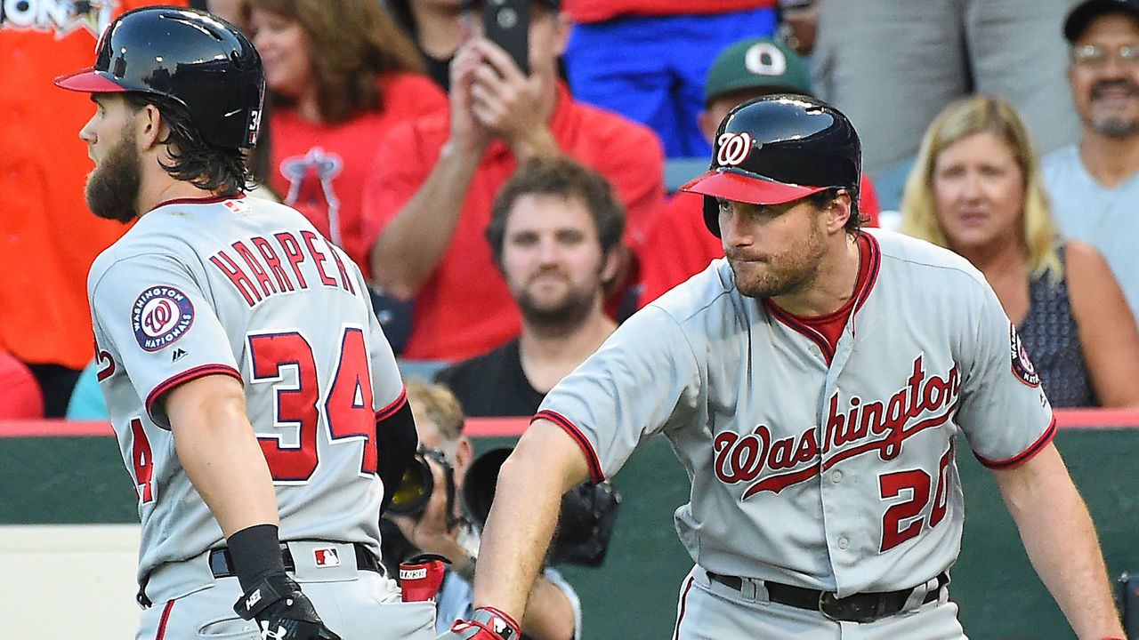 ANAHEIM, CA - JULY 18: Bryce Harper #34 of the Washington Nationals is greeted by Daniel Murphy #20 of the Washington Nationals after hitting a solo home run in the first inning of the game against the Los Angeles Angels at Angel Stadium of Anaheim on July 18, 2017 in Anaheim, California.