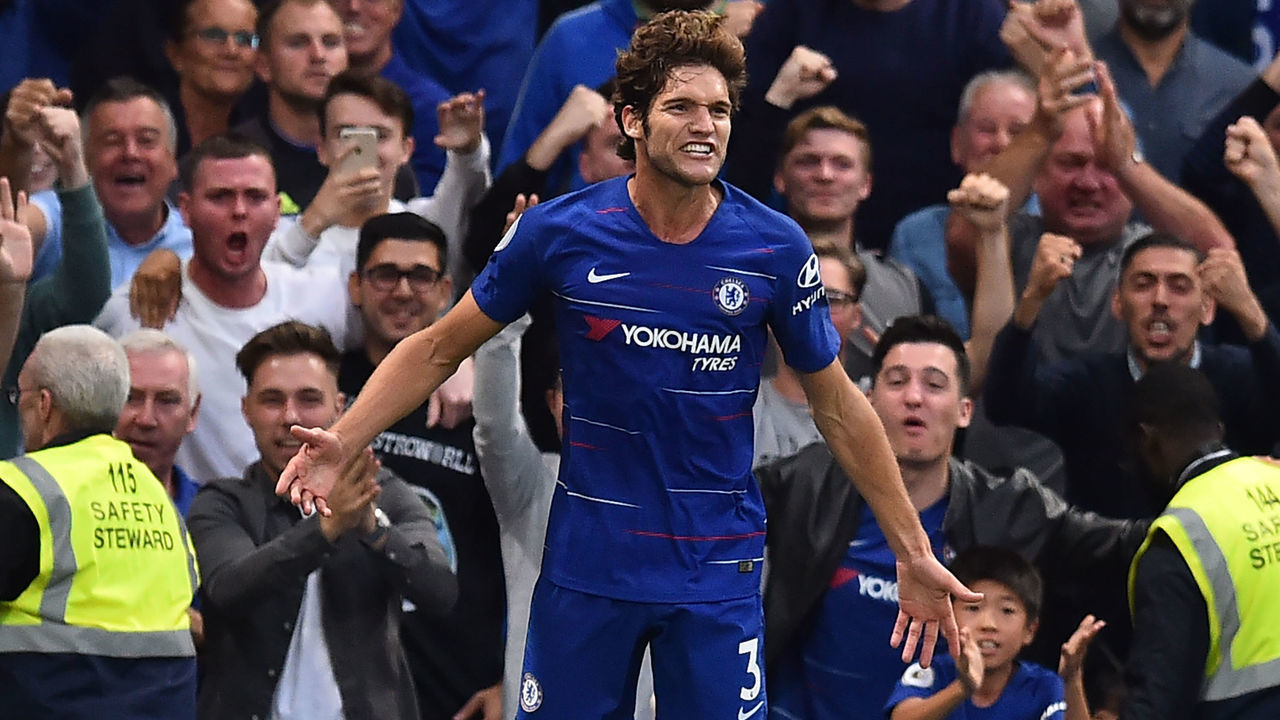 Chelsea's Spanish defender Marcos Alonso celebrates after scoring their third goal during the English Premier League football match between Chelsea and Arsenal at Stamford Bridge in London on August 18, 2018.