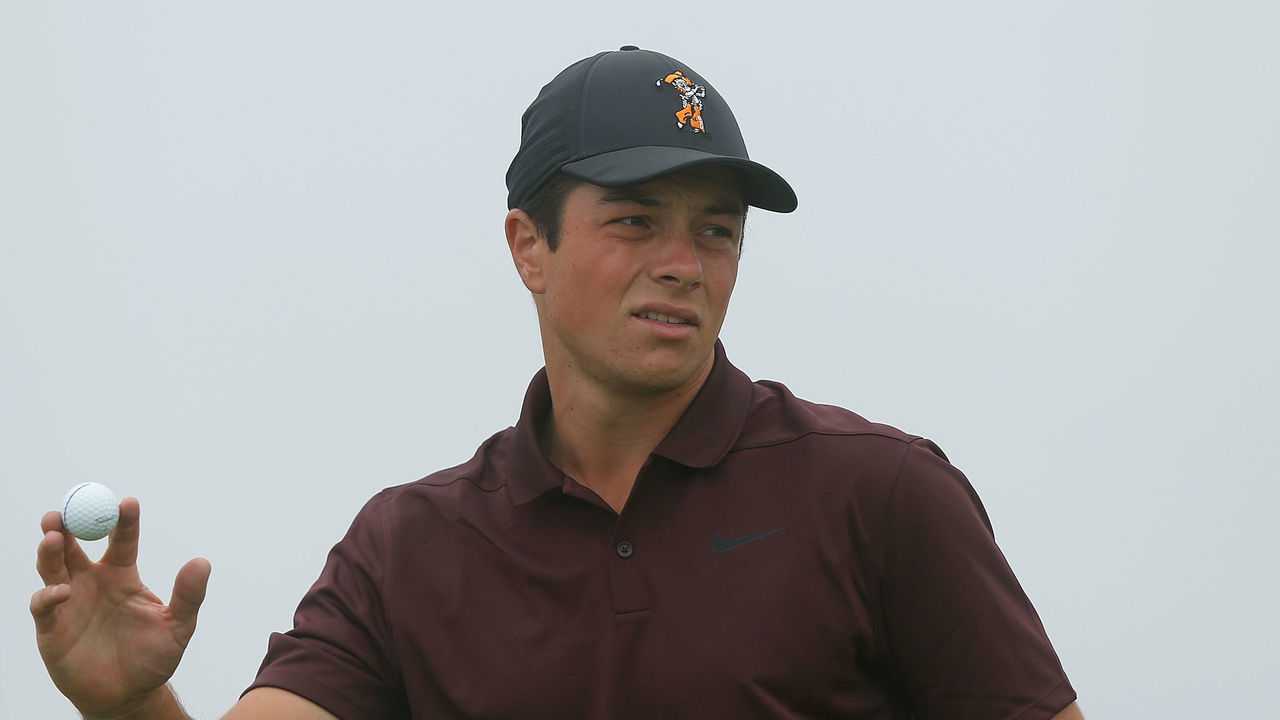 PEBBLE BEACH, CA - AUGUST 18: Viktor Hovland of Norway acknowledges the fans after making a putt on the seventh green during the semi-final round of the U.S. Amateur Championship at Pebble Beach Golf Links on August 18, 2018 in Pebble Beach, California.