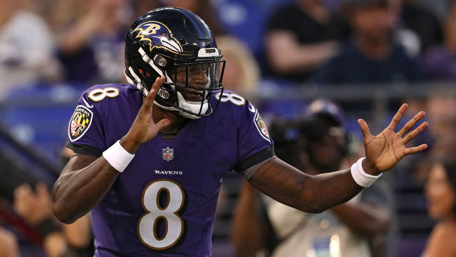 BALTIMORE, MD - AUGUST 09: Lamar Jackson #8 of the Baltimore Ravens celebrates after scoring a touchdown during the first quarter against the Los Angeles Rams during a preseason game at M&T Bank Stadium on August 9, 2018 in Baltimore, Maryland.