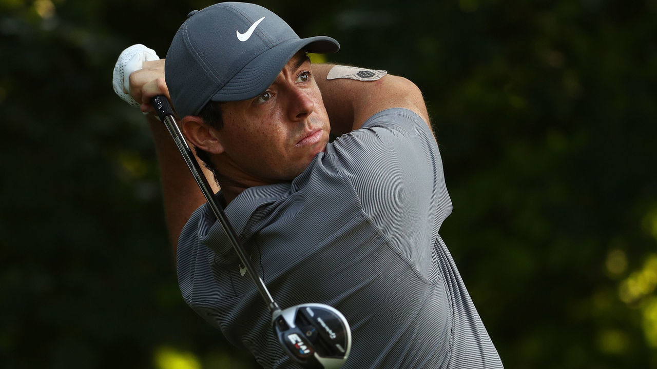 ST LOUIS, MO - AUGUST 11: Rory McIlroy of Northern Ireland plays his shot from the 14th tee during the continuation of the weather delayed second round of the 2018 PGA Championship at Bellerive Country Club on August 11, 2018 in St Louis, Missouri.