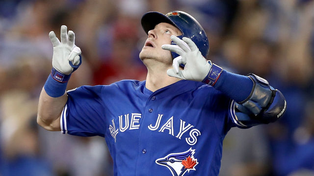 TORONTO, ON - OCTOBER 18: Josh Donaldson #20 of the Toronto Blue Jays celebrates after hitting a solo home run in the third inning against Corey Kluber #28 of the Cleveland Indians during game four of the American League Championship Series at Rogers Centre on October 18, 2016 in Toronto, Canada.
